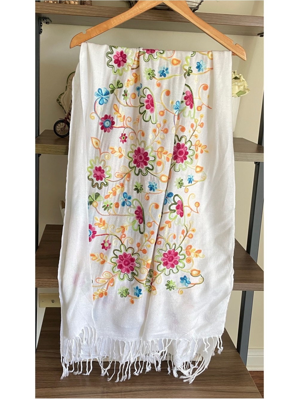 Embroidered White Floral Shawl Spring Cottagecore
